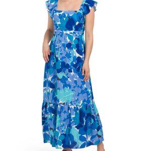 London Times Linen Blend Ruffle Sleeve Maxi Dress with Tiered Skirt